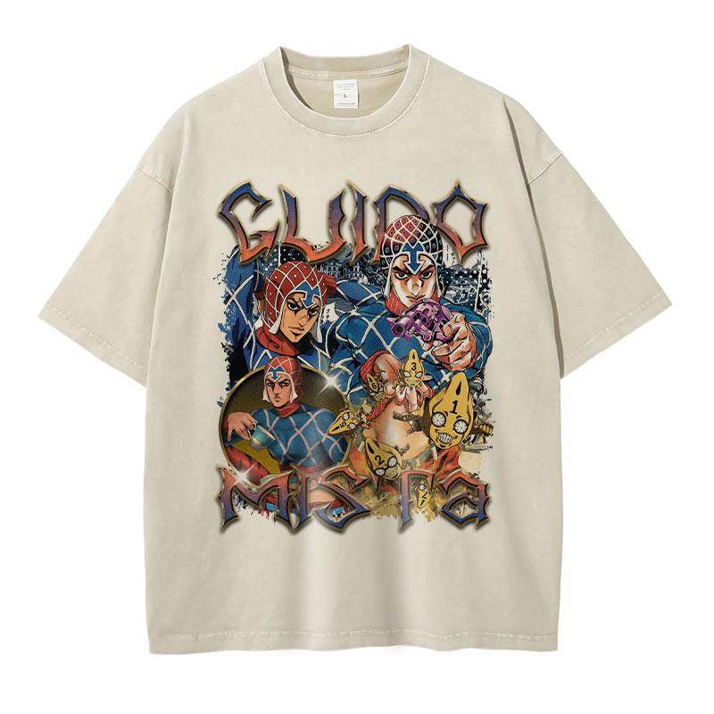 Anime JoJos Bizarre Adventure T Shirt Vintage Washed JOJO Sex Pistols Tshirts Oversized Retro Manga Guido Mista Tops Tees Men