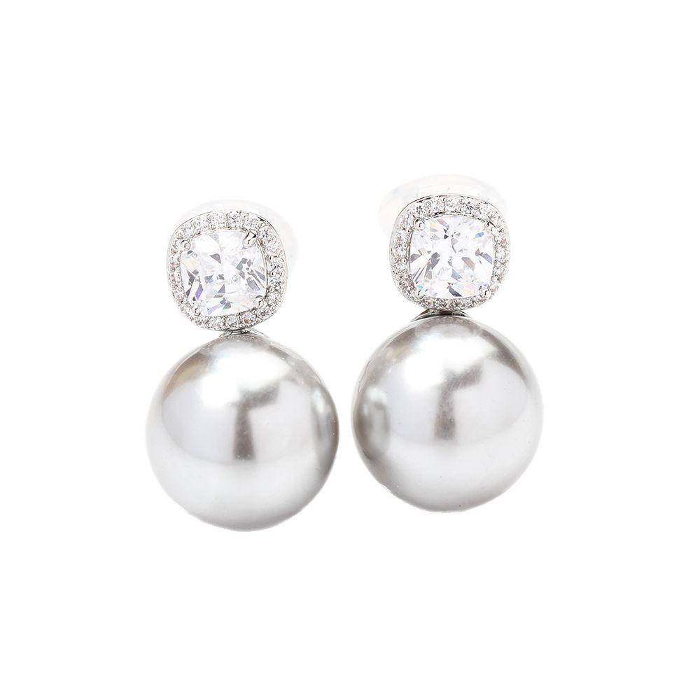 Princess square stone-set large pearl earrings, gold-plated multi-color 925 silver needle earrings, versatile without pierced earrings, earrings for