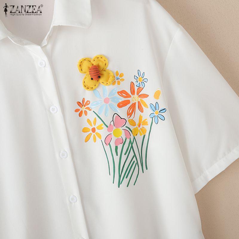 ZANZEA Women Casual Turn Down Collar Loose Floral Print Half Sleeve Blouse