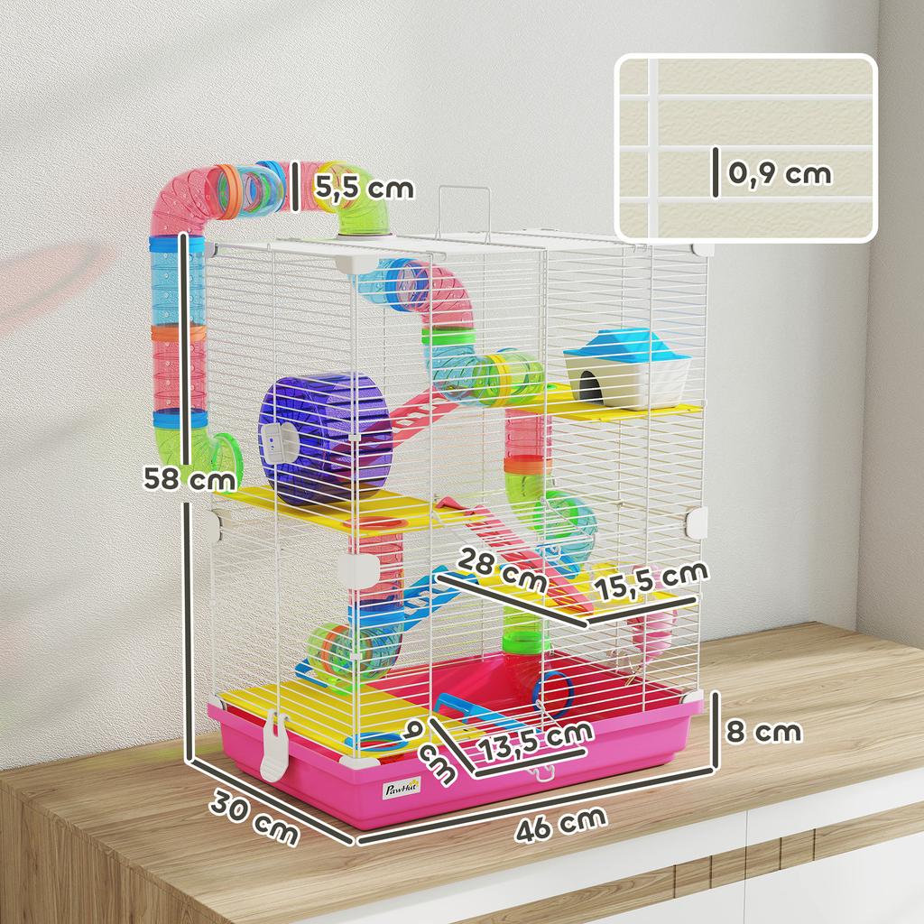 Hamster Cage, 5-Tier Rodent Cage, Tunnels, Feeder, Wheel, House, Ladders, 46 x 30 x 58 cm, Pink