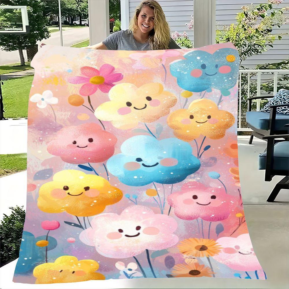 Whimsical Floral Throw Blanket - Cheerful Smiling Flowers in Pastel Hues, Soft and Cozy Blanket for Home Décor - Perfect for Kid