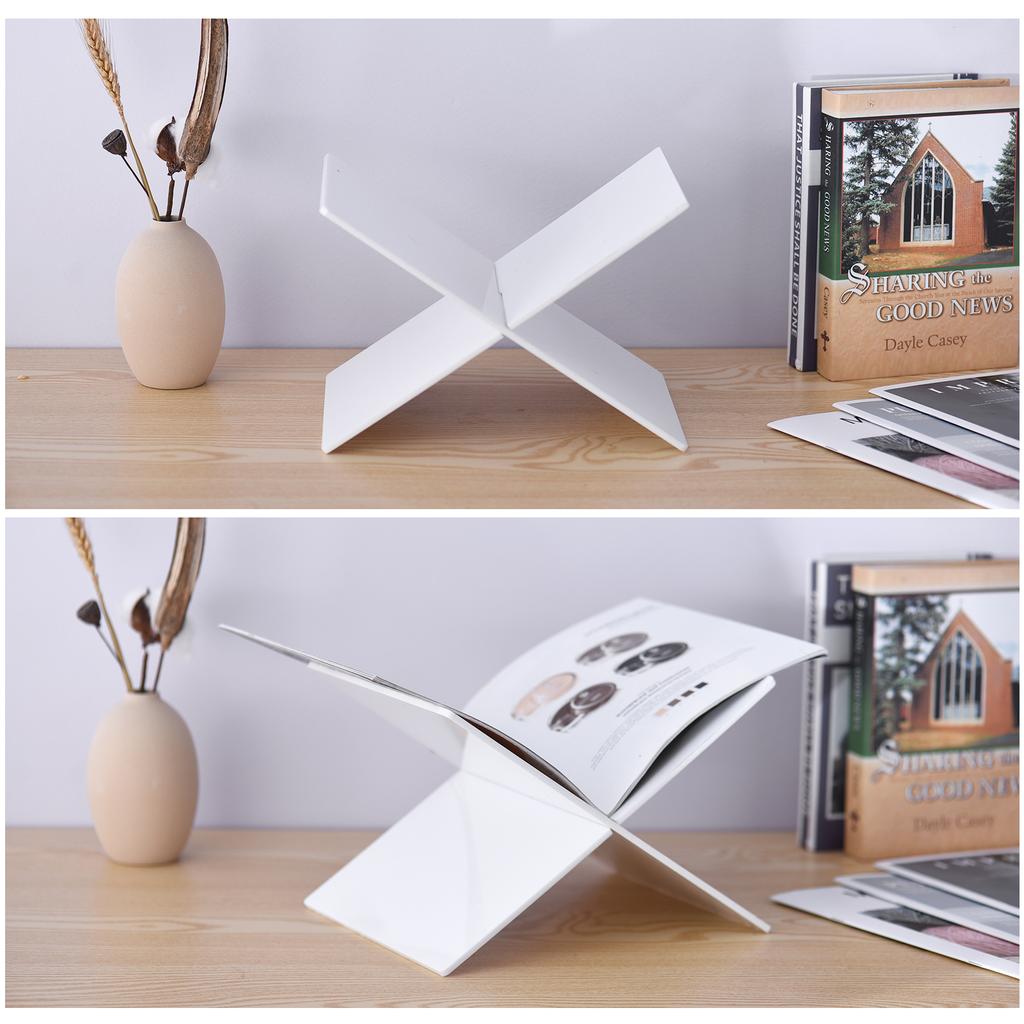 Akryl Bokstativ Utstillingshylle X-formet Bokhylle for Kokebok Oppskrift Meny Magasiner Eventyrbok