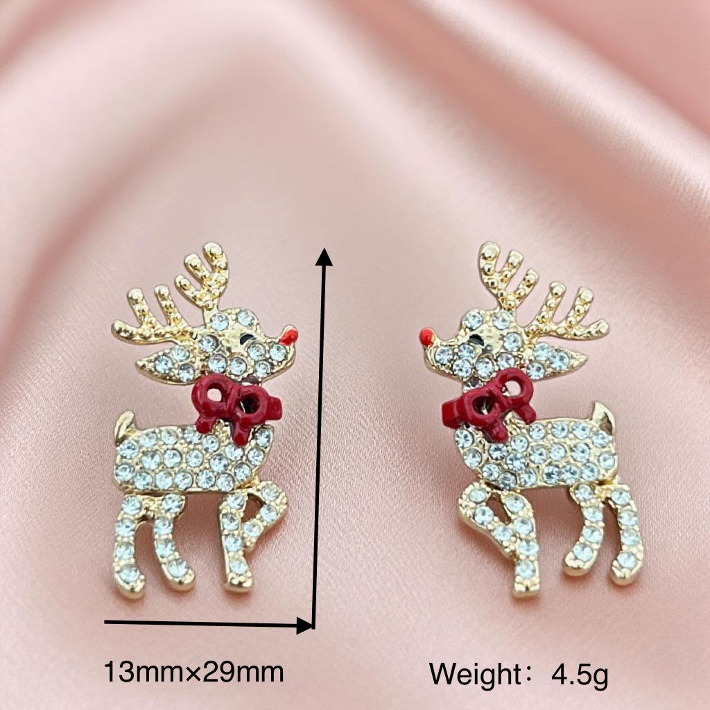 Christmas Reindeer Bow Tie Earrings: Drip Oil & Inlaid Diamonds with Movable Limbs