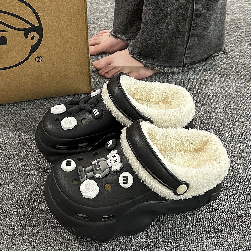 New velvet hole shoes women's winter non-slip outer wear cotton shoes heightened thick-soled home removable cotton slippers