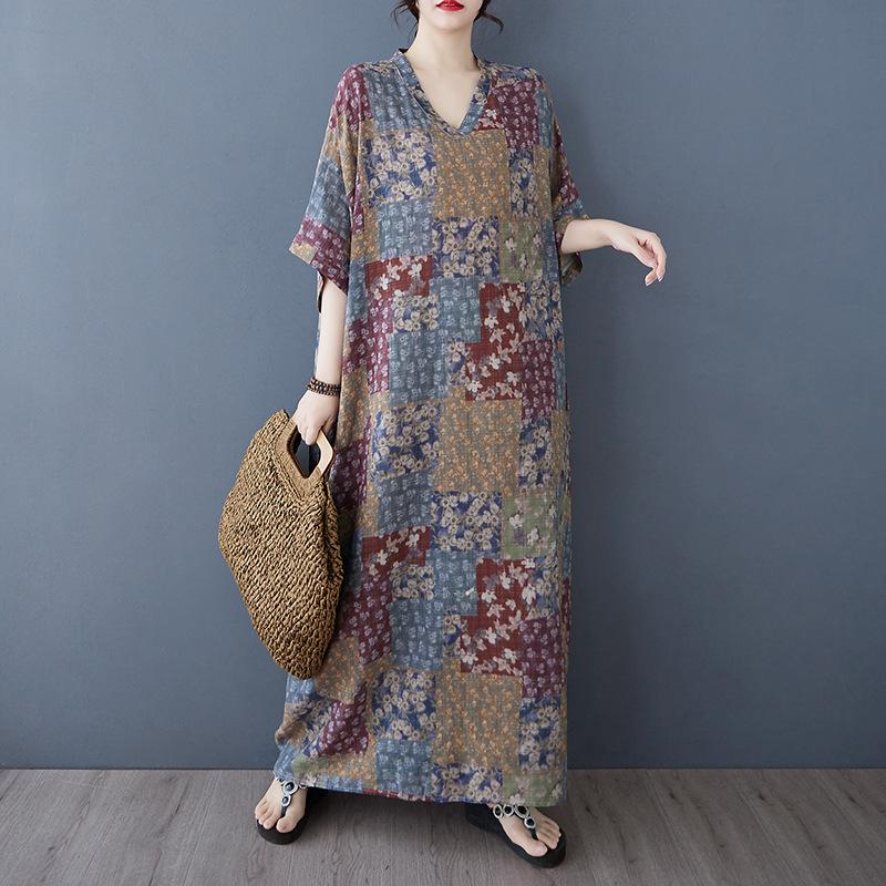 

Летнее повседневное художественное платье больших размеров с V-образным вырезом и короткими рукавами one size