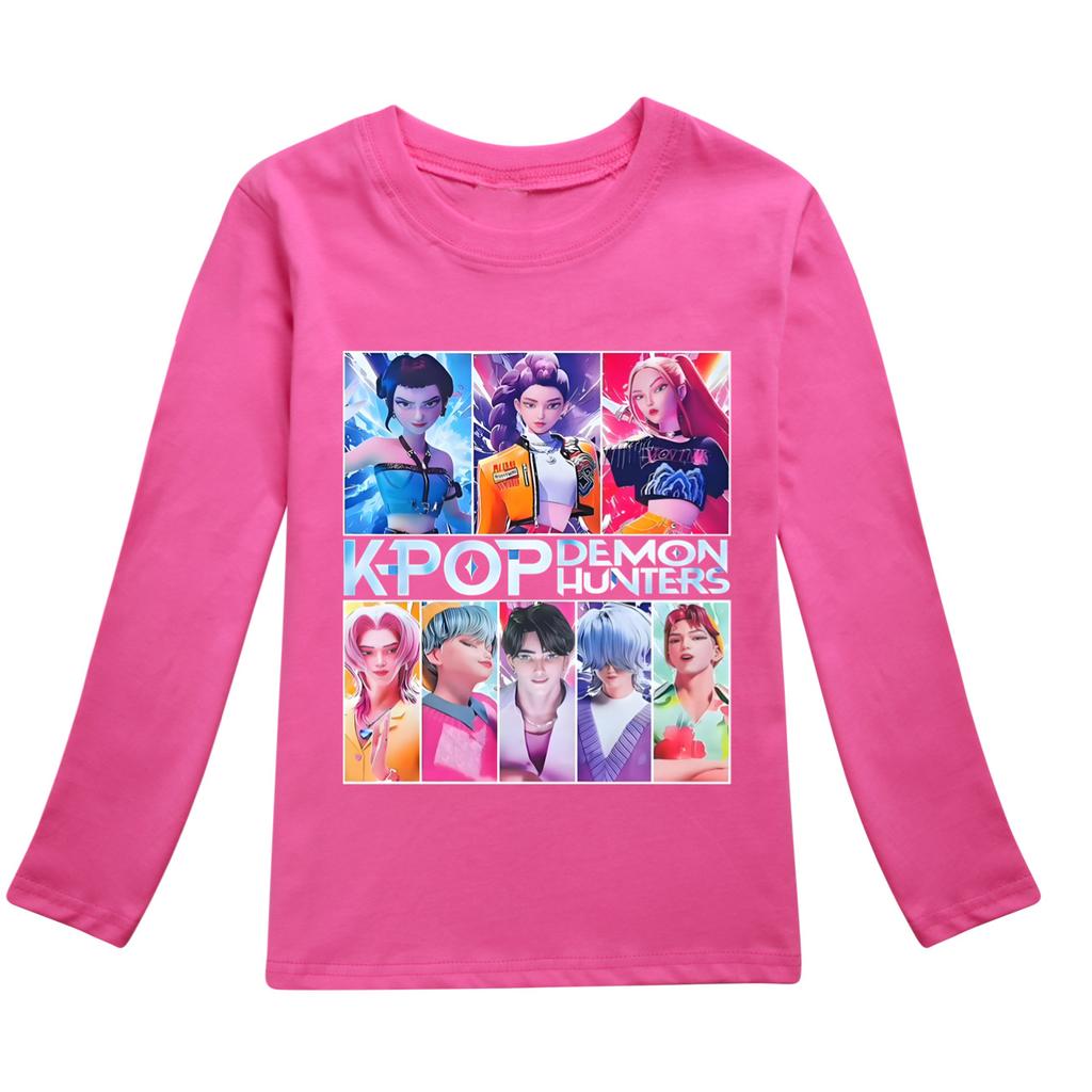 KPop Dämonenjäger T-Shirt Kinder Stilvolle Mode Cartoon Freizeitkleidung Jugend Mädchen Locker Rundhals-T-Shirts Jungen Langarm-Oberteile