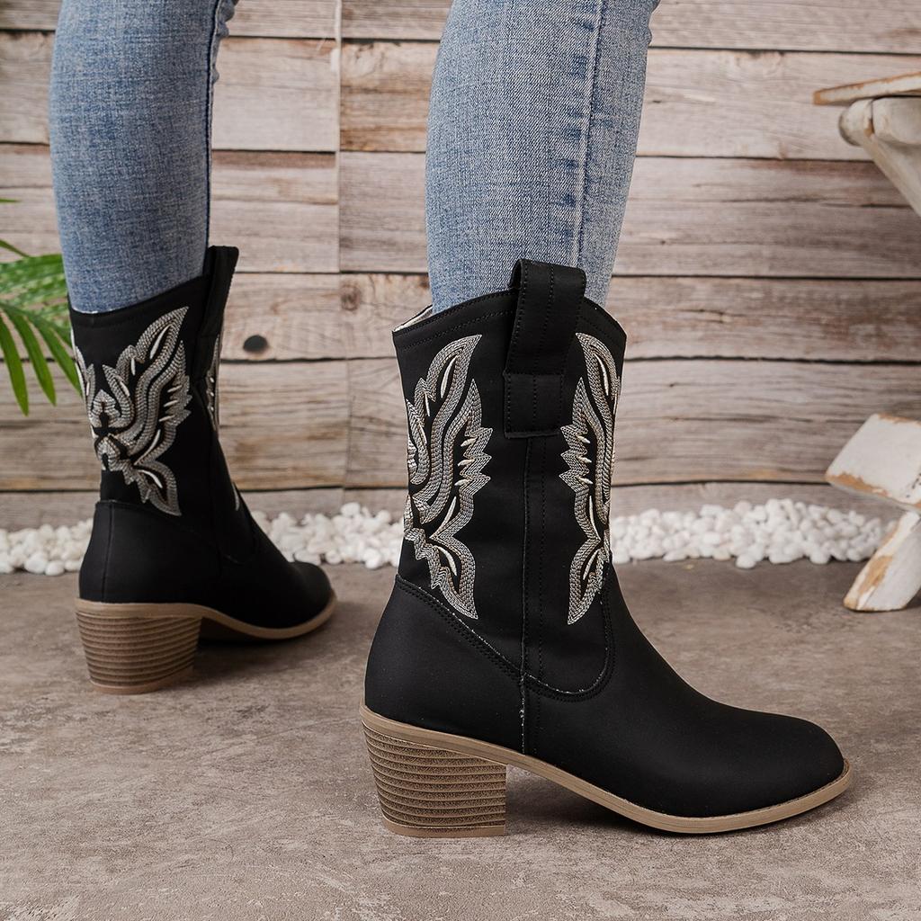 Women's Calf Boots Cowboy Boots Girls Chunky Heels Retro Punk Western Boots Embroidered Shoes Leather Mid-calf Boots for Women