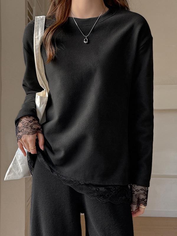 Weißes Damen-Langarmshirt mit Rundhalsausschnitt und Spitzenfutter – Herbst/Winter, figurbetont, mittellang, tragbarer Überwurf