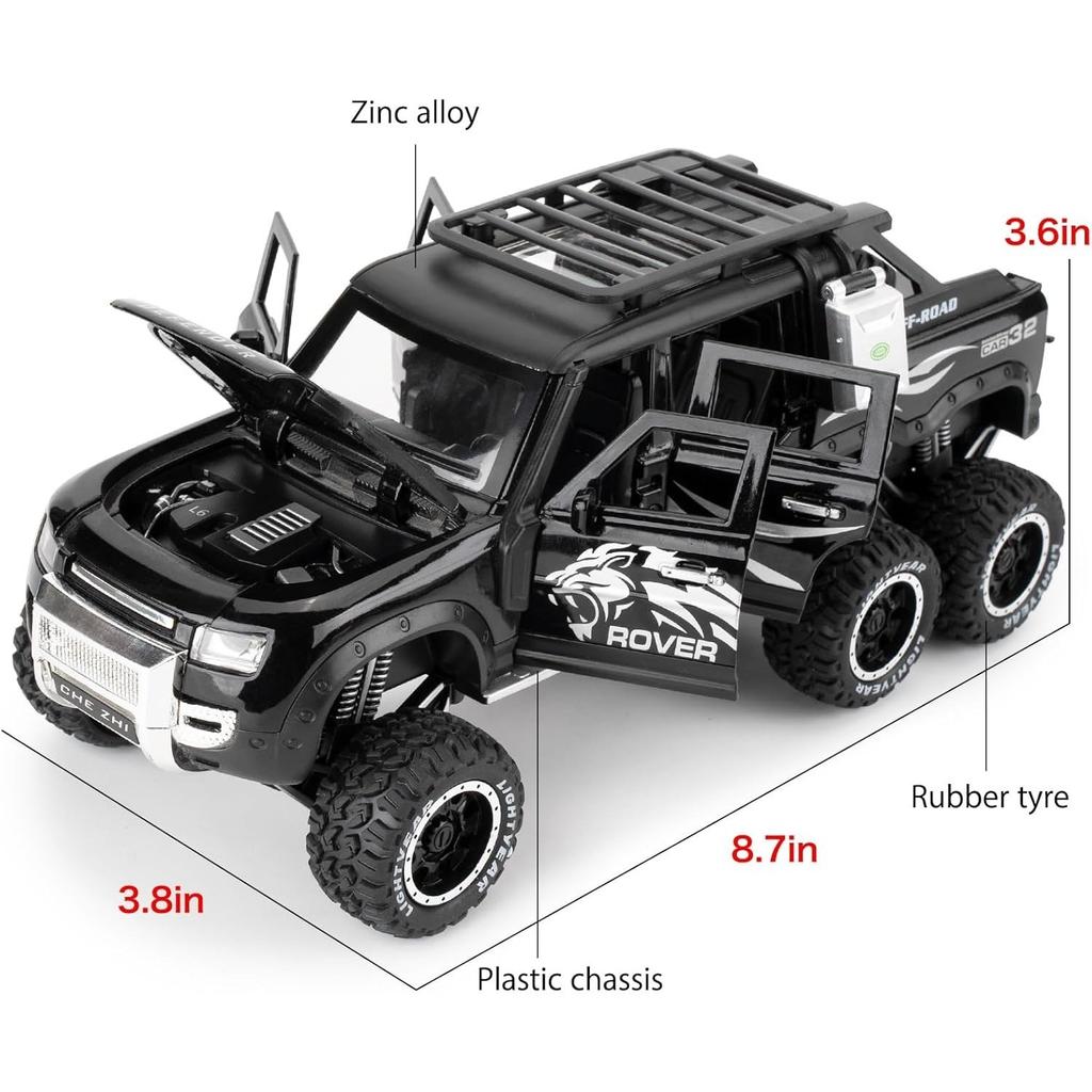 Toy Car 1/24 Land Rover Defender Six Wheels Off Road Pickup Car Model,Pull Back Diecast Truck Collectible Truck with Sounds  Lights for Kids Adults