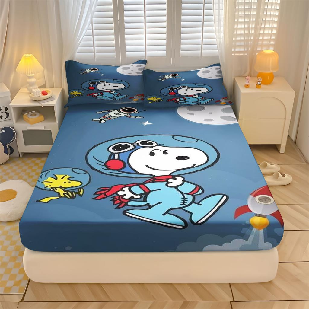 Snoopy  With Pillowcase Fitted Sheet 3D Children'S Bedding Set  Polyester 2/3Pcs Comforte Bed Cover Full Set