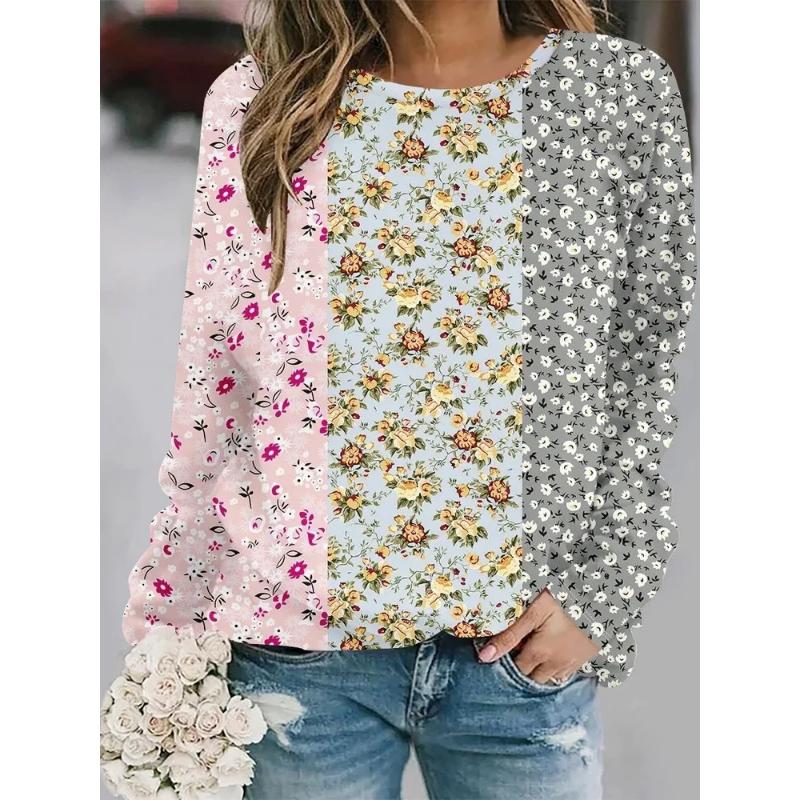 Fashion Women's Crew Neck Long Sleeve 3D Casual Color Printing Casual Long Sleeve T-Shirt