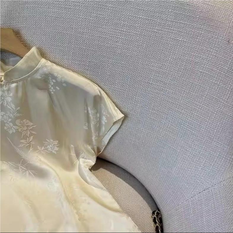 Chinese Women Short Sleeve Satin Shirt Summer Stand-Up Collar Elegant Women's Blouse Retro Summer Thin Soft