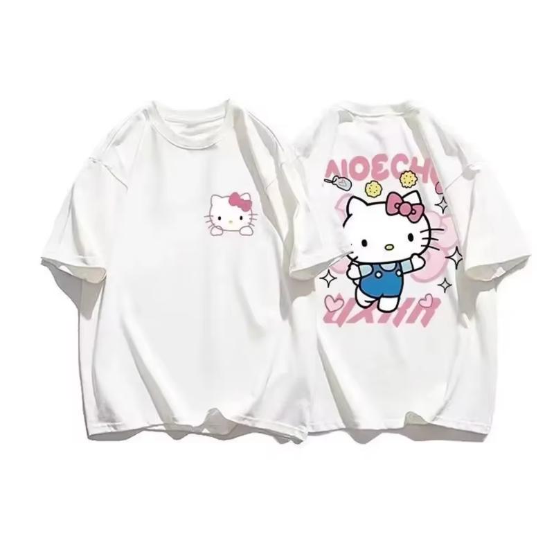 

2026 новая футболка Hello Kitty из мягкого хлопка с коротким рукавом и круглым вырезом, милый принт, легкий летний топ для женщин, повседневная одежда S
