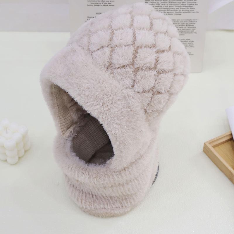 Fashion Plaid Plush Warm Scarf One-piece Hat Women's Winter Outdoor Cycling Windproof Neck Cover Plush Cap