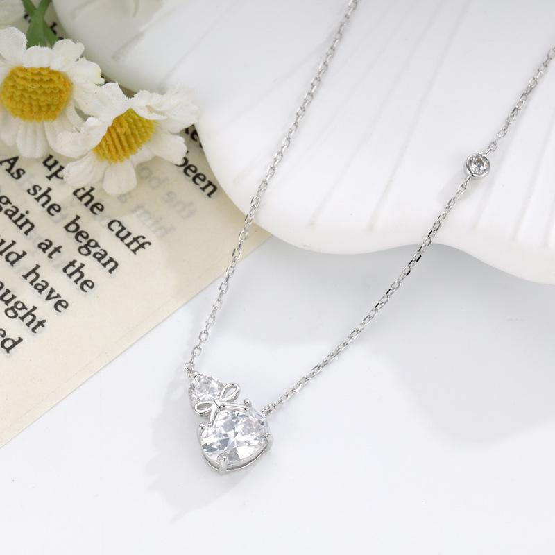 S925 Sterling Silver Zircon Bow Gourd Necklace for Women - Elegant, Versatile Clavicle Chain Pendant