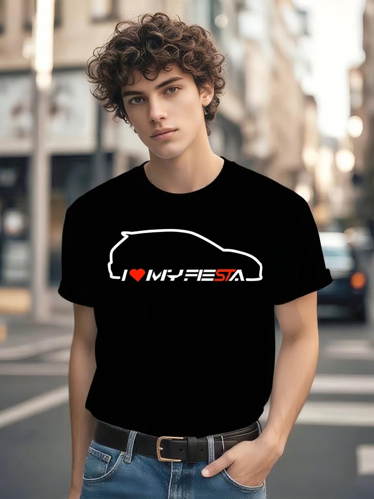 Černé I Love My Fiesta 02 ST Tuning USDM EDM Grafické Tričko - Ležérní Tričko pro Nadšence do Klasických Aut s Výrazným Červeno-Bílým Potiskem