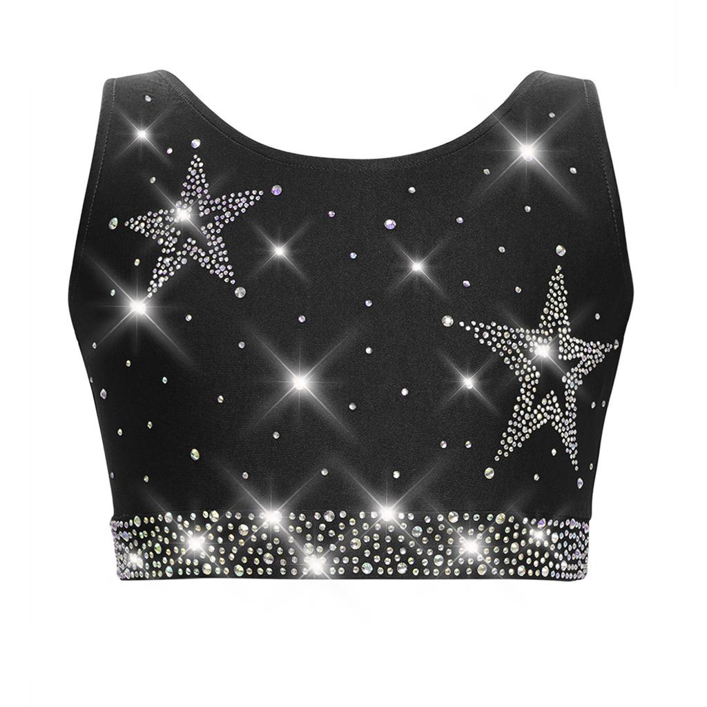 Dívčí gymnasticko-taneční set: Crop top tílko s kamínky, křížením na zádech a véčkem vpředu, s šortkami s elastickým pasem