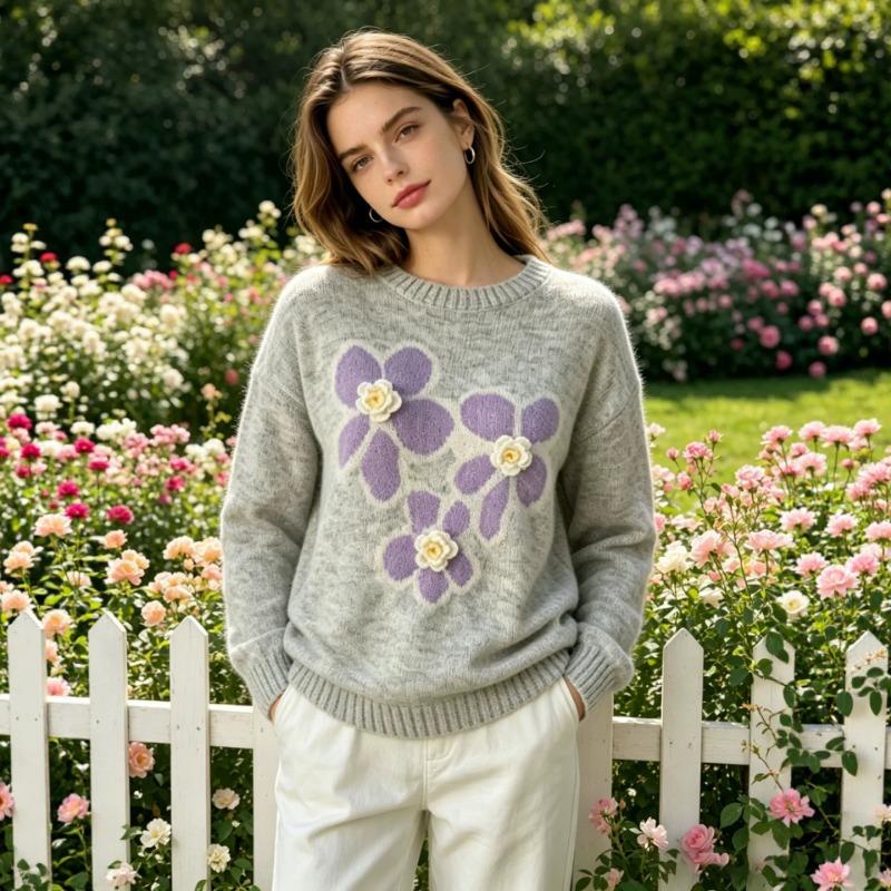 Korean Style Age Reducing Floral Knit Sweater Loose Round Neck Long Sleeve Women S Winter Outerwear