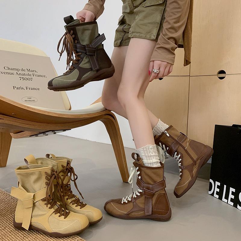 Skinny boots, locomotive boots, fashion lace-up short boots, splicing women's boots, thick-soled short tube, rad new versatile beauty