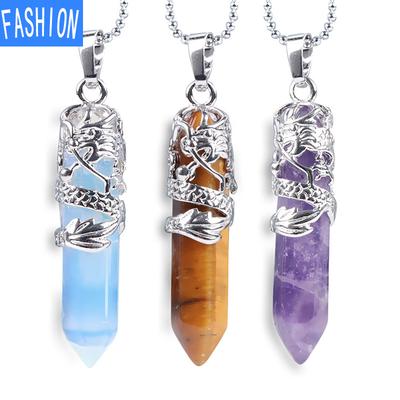 Přívěsek z přírodního kamene ve tvaru tribal totemu z přírodního kamene šestiúhelník Aura Point Head Crystal Column Nekclace