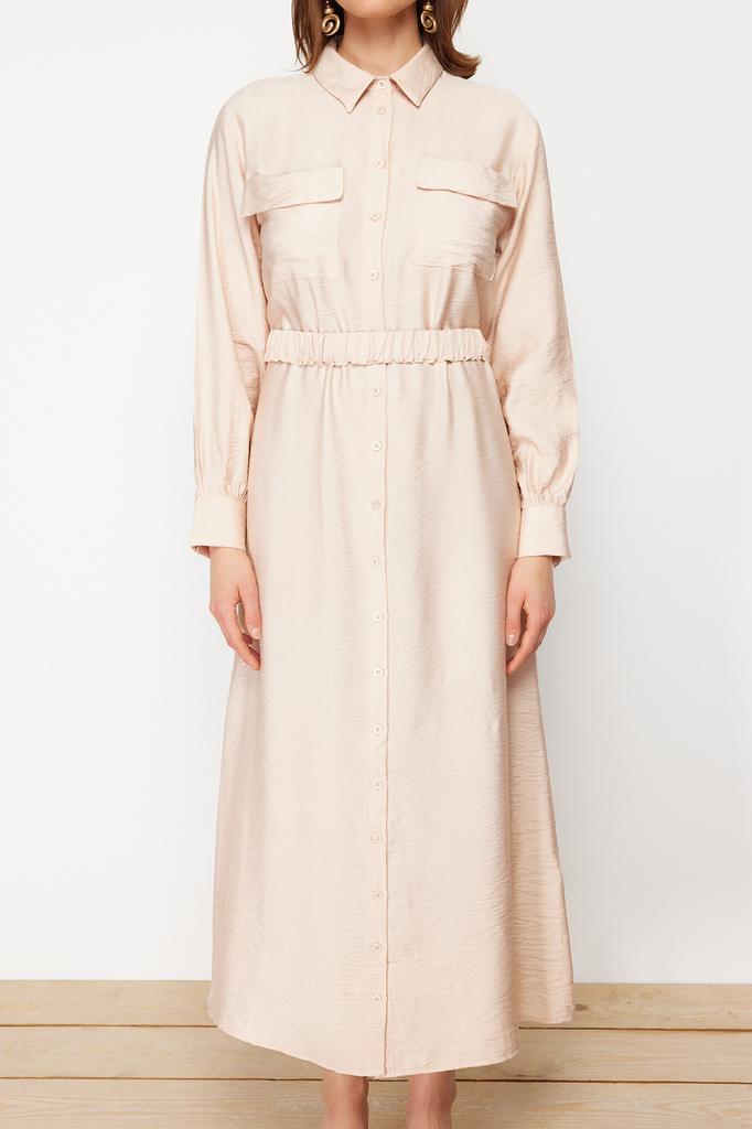 Moda feminina novo vestido hijab canela cintura elástica com cinto bolso vestido tecido detalhado