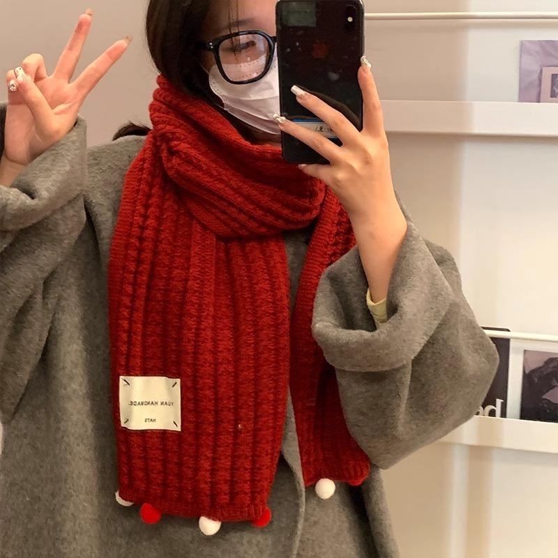 Women's autumn and winter versatile ball warm wool scarf New Christmas red knitted scarf for girls