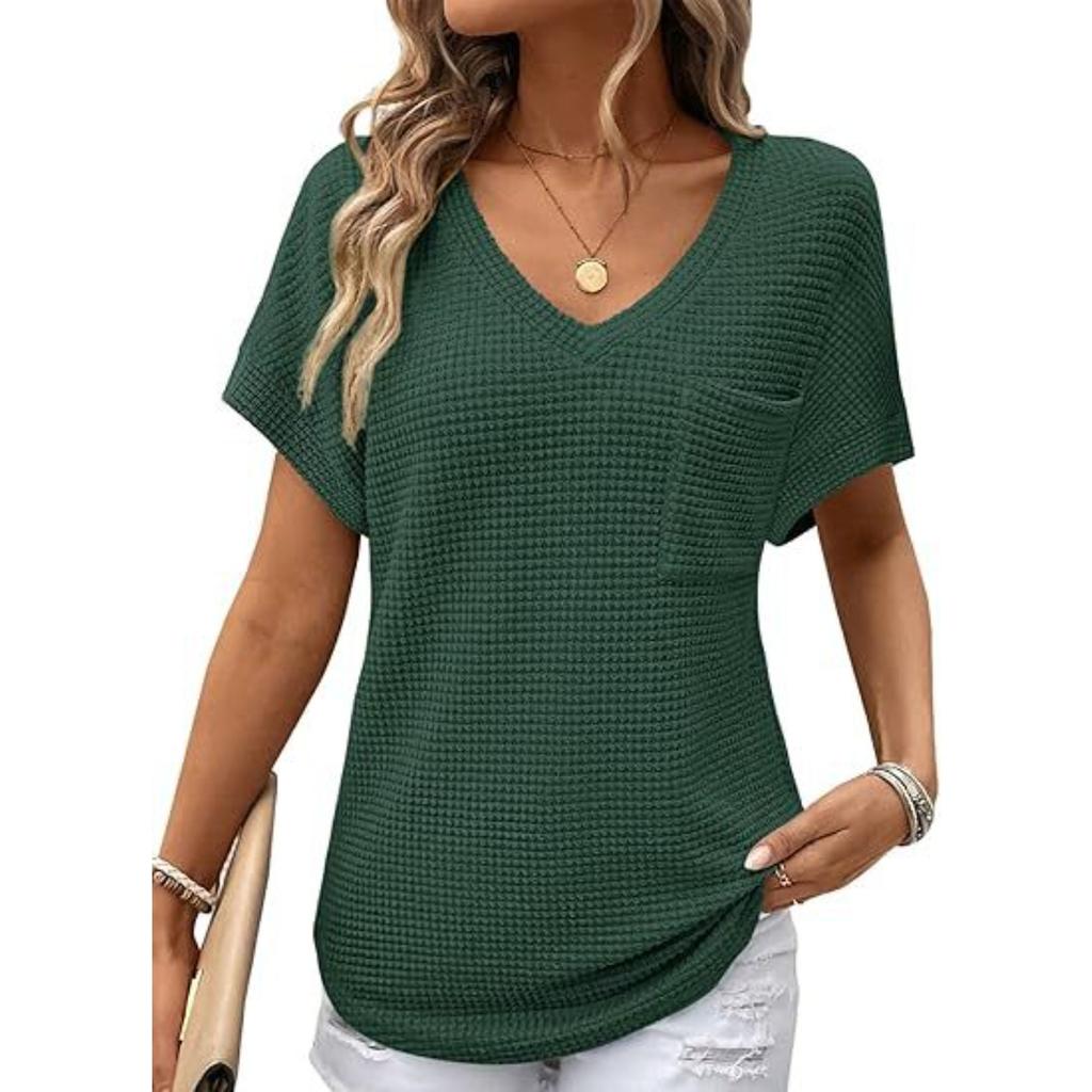 Women's V Neck Short Sleeve Loose Fit Waffle Knit Top Casual Summer Blouse Solid