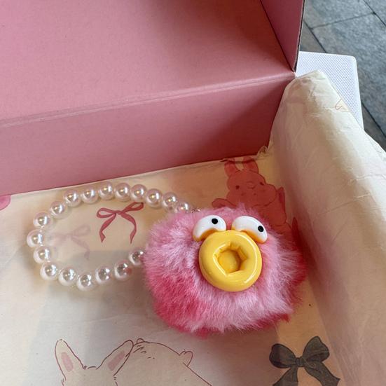 Large Mouth Cartoon Plush Doll Keychain With Faux Pearls Lanyard
