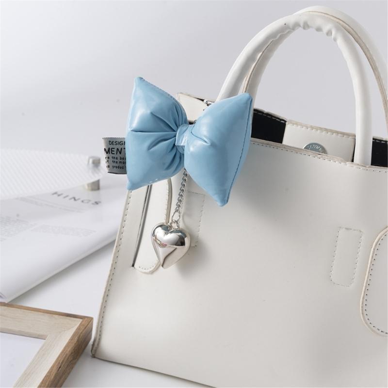 Sweet Lovely PU Leather Bowknot Heart Keychains Pendant Hangings Ornament Keyring Backpack Decoration for Women Girls