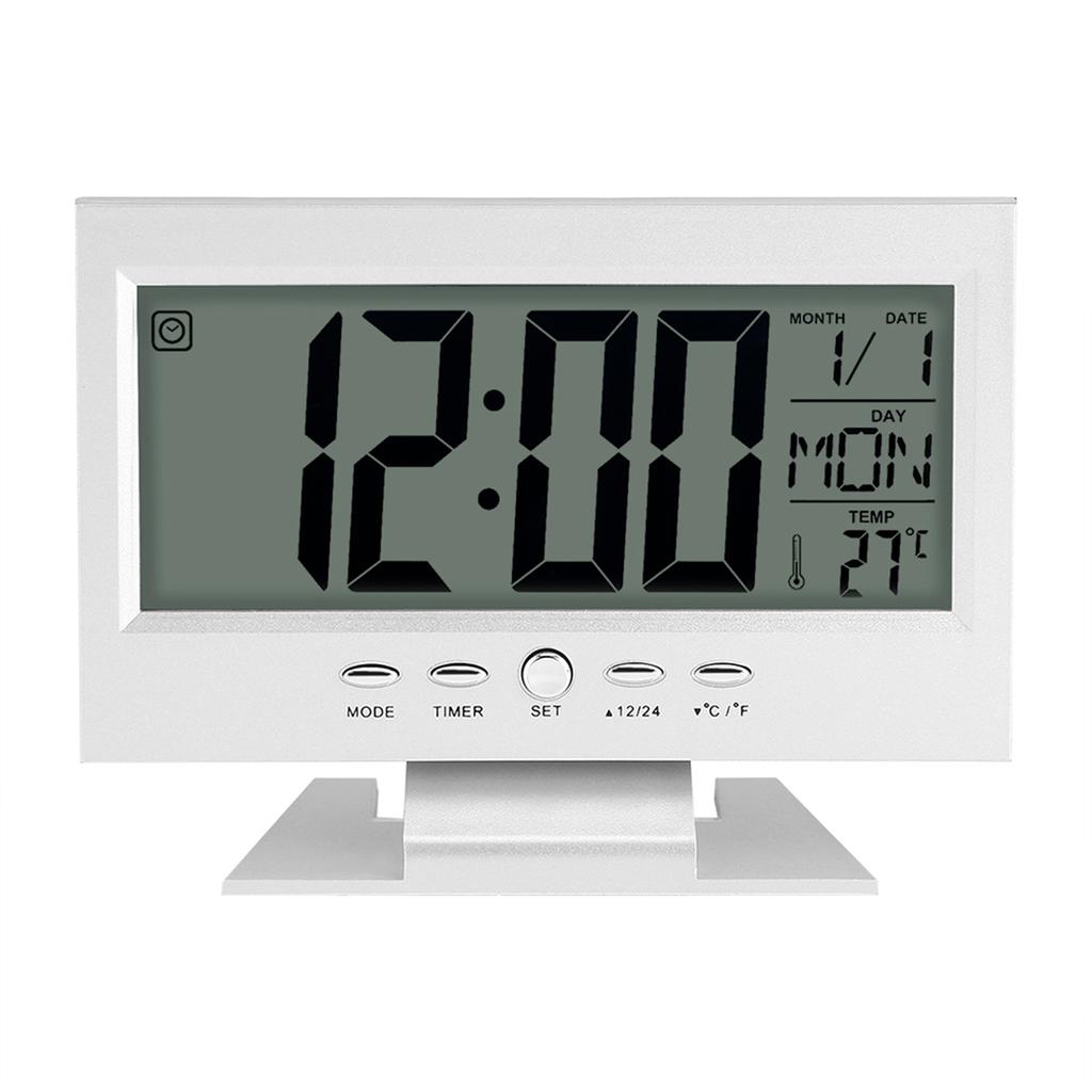 LCD Digital Sound Sensor Table Desk Alarm Clock with Calendar and Temp Display Silver