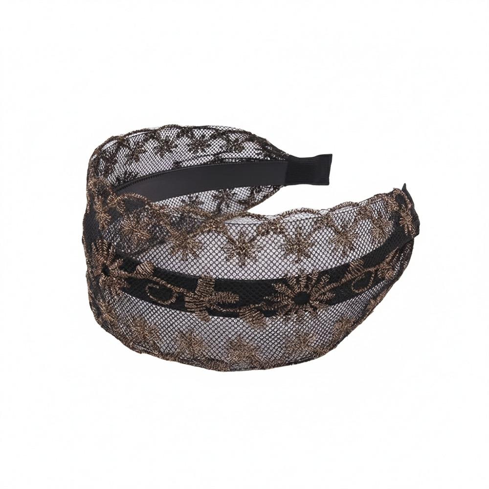 Wide Side Lace Mesh Hair Band Non Slip Women Lace Hairbands Ins Hollow Headwear  Hair Accessories Gold 03