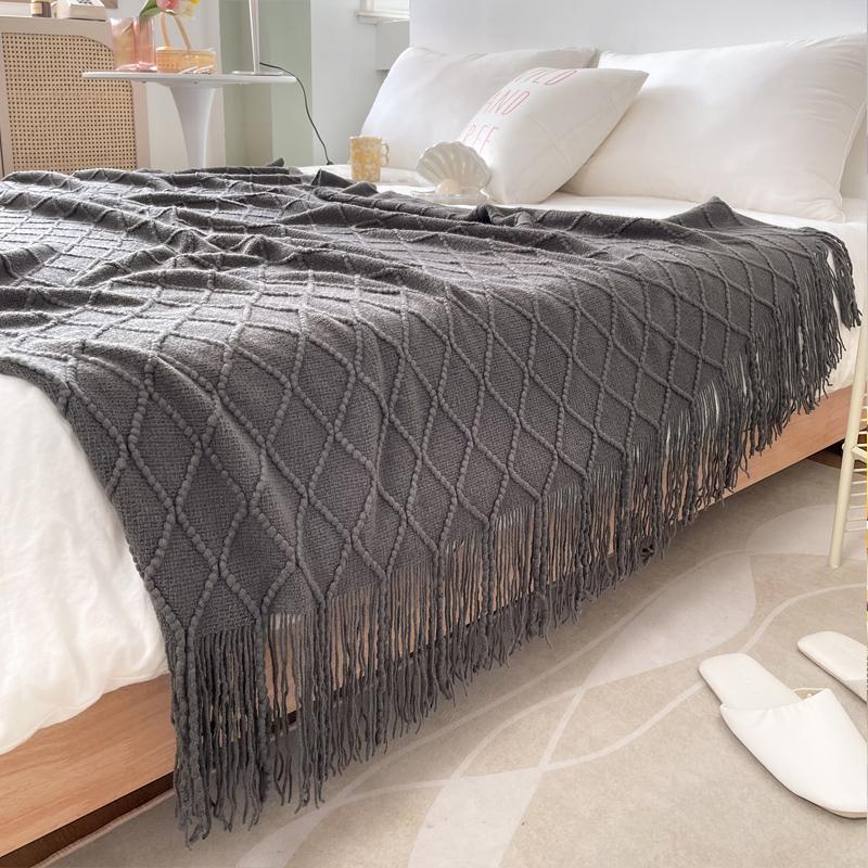 Tassel Blanket 100% Acrylic Bedside Towel Solid Color Plaid Knitted Blanket Nap/Travel Shawl Home Sofa Towel manta