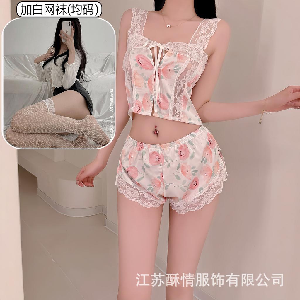 Crispy Sexy Sweet and Spicy Women's Summer Ice Silk Thin Pure Desire Suspender Shorts Two-piece Set Lace Temptation Set