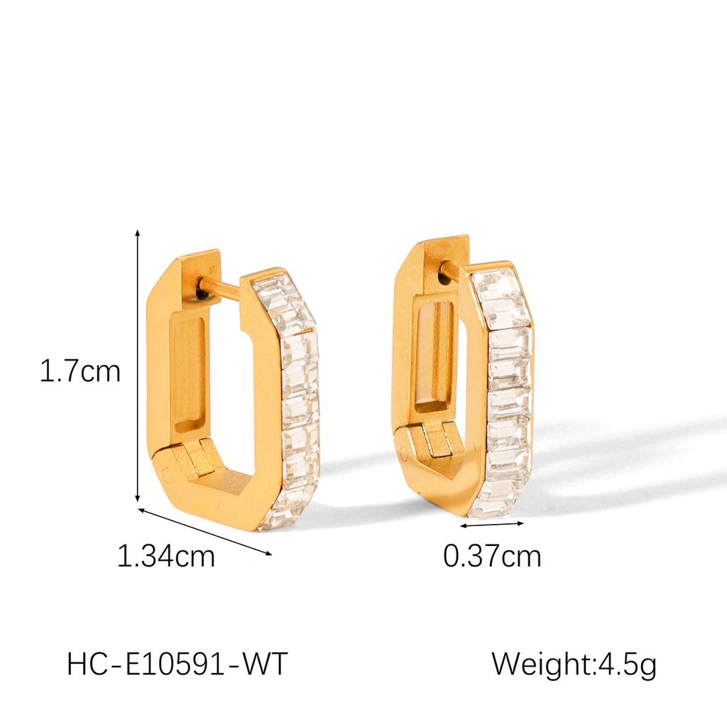 Fashionable U-shaped Stainless Steel Earrings for Women, Premium Light Luxury Zircon Inlaid Square Ear Buckles
