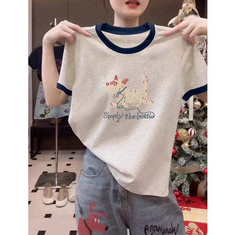 Contrasting color splicing front shoulder crew neck cotton short-sleeved T-shirt women's clothing Korean version of fashion versatile printed top