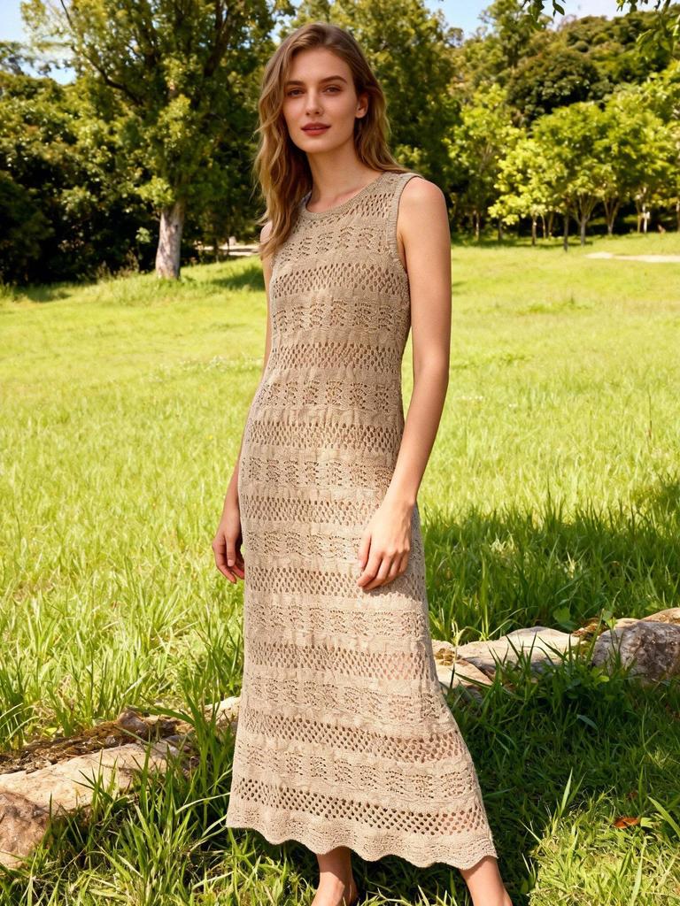 Hot Selling European & American Style Solid Color Knit Beach Maxi Dress - Round Neck, Sleeveless, Sexy.