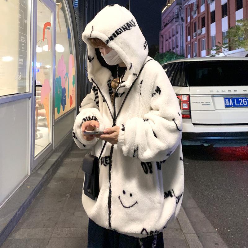 Erkekler Kış Moda Ceket Gülen Yüz Kuzu Polar Ceket Kore Versiyonu Moda Kış Ceket Peluş Kalınlaşmış Ceket