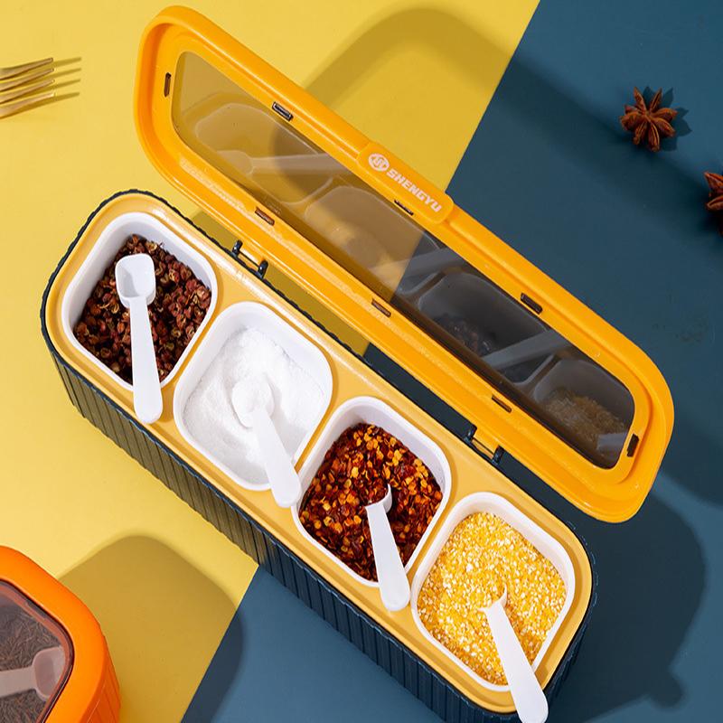 Haushaltsküchen-Gewürzbox mit Löffel Gewürzaufbewahrungs-Kombinationsset Vierteilige Gewürzbox