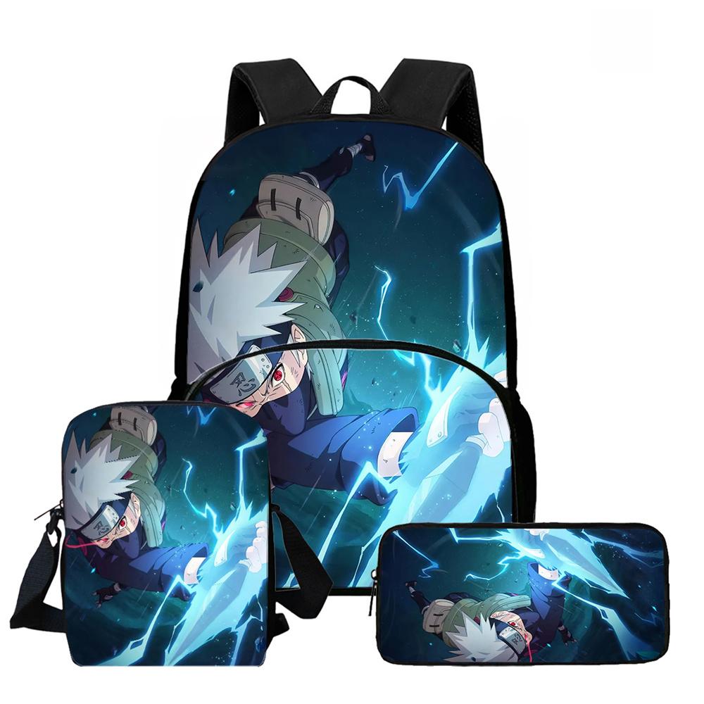 3Pcs Set School Backpack with Front Pocket, Crossbody Bag & Pencil Bag, Cartoon NARUTO, Lightweight for Boys & Girls Ages 6-10