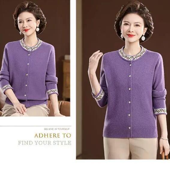 Autumn Winter Women's Round Neck Embroidered Cardigan Sweater Thickened Loose Knit Cardigan