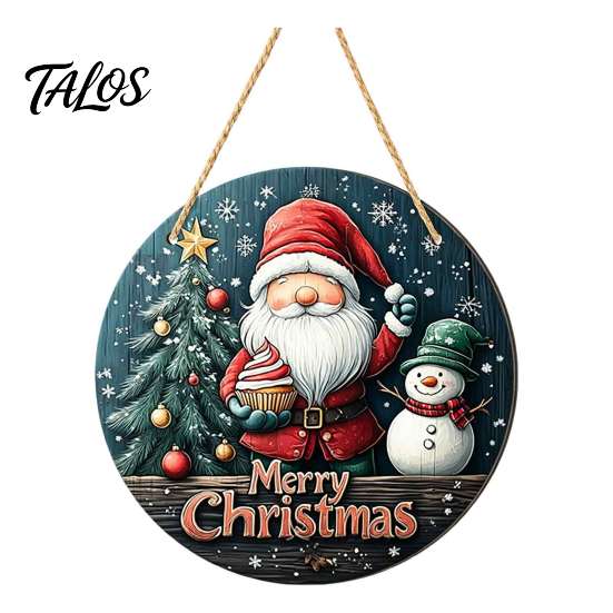 Rustic Christmas Wall Decor Wooden Round Hanging Sign, Santa Claus Highland Cow Winter Theme Farmhouse Holiday Art Door Decor, Welcome Ornament