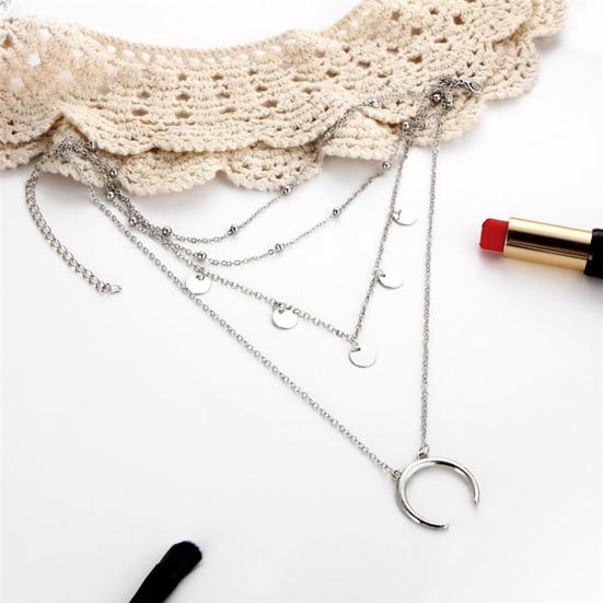 Yienate Boheemse gelaagde ketting sierlijke zilveren holle maan ster hanger dikke link ketting kraal choker boho charme strand ketting sieraden voor vrouwen en meisjes, 1 Count (Pack of 1), Zilver