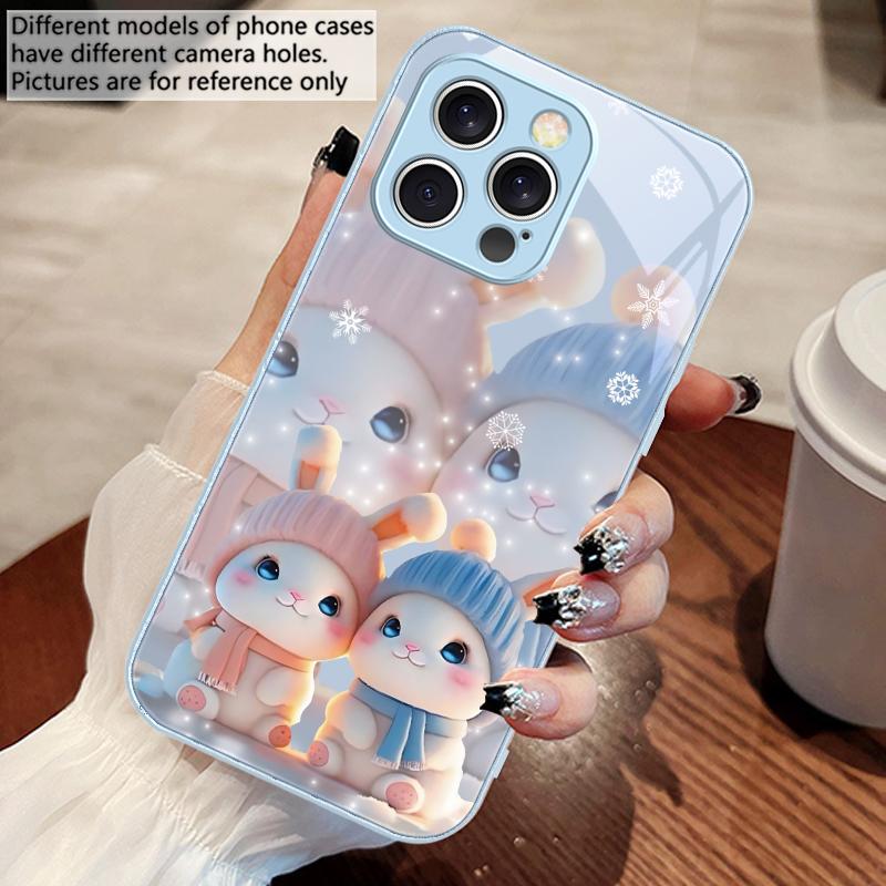 Cute Pink Twin Rabbits For iPhone 16 E 15 14 13 Plus 12 Mini 11 Pro Max XR Xs Max X 7 8 6 6S 2022 Tempered Glass Phone Case