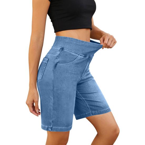 Stretchy Jean Shorts for Women High Waisted Tummy Control Pull On Denim Shorts Summer Casual Knee Length Jorts with Pockets