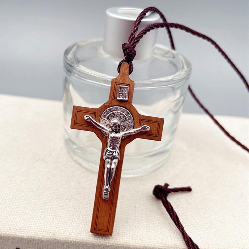 Enkel Religiös Tro Bön Dop Kristen Jesus Trä Metall Kors Vax Rep Halsband Män Kvinnor Accessoarer Smycken Gåva