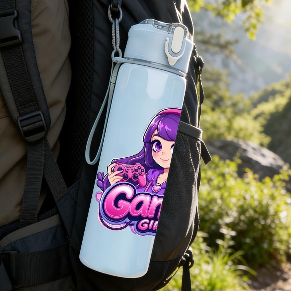 1PC Purple Hair Gamer Girl Cartoon 750ml Color Plastic Sports Water Bottle Leakproof Flip Straw Lid Suitable for Sports Office Home Use