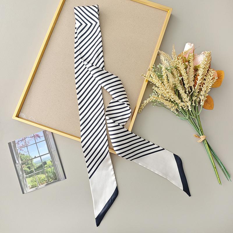 Retro black and white striped small long silk scarf 2025 new French fashion high-end temperament scarf scarf scarf accessories