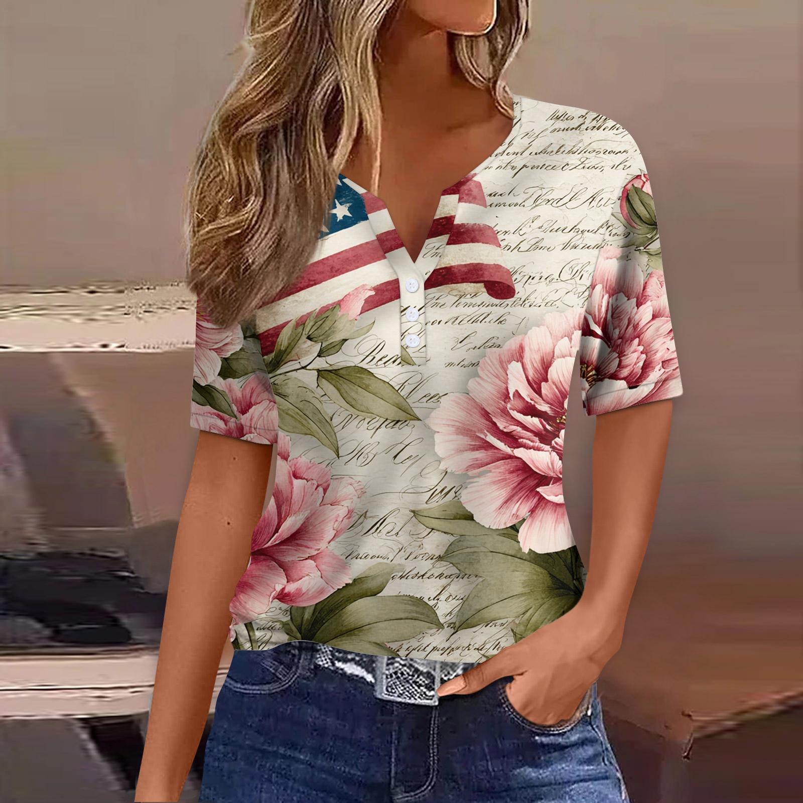 

Women s T Shirt Tee Print Button Short Sleeve Daily Weekend Fashion Basic V- Neck Regular Top XL білий