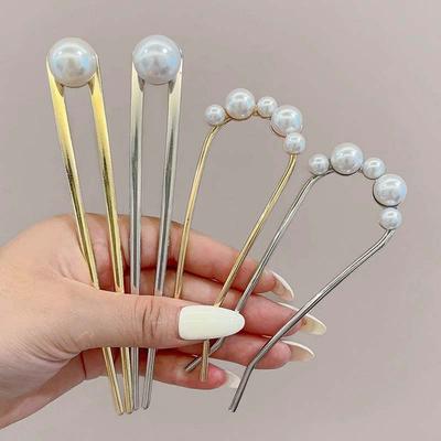 Koreanischer Metall U-förmiger Perlen-Haarstab für Damen Elegante Imitationsperlen Haarspangen Nadeln Brötchenmacher Haarstyling-Zubehör