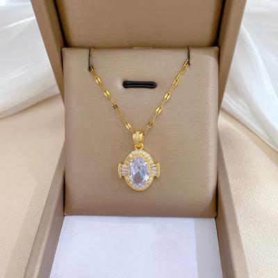 Oval Zircon Light Luxury Temperament Full Diamond Necklace Female Versatile Clavicle Chain Titanium Steel Chain